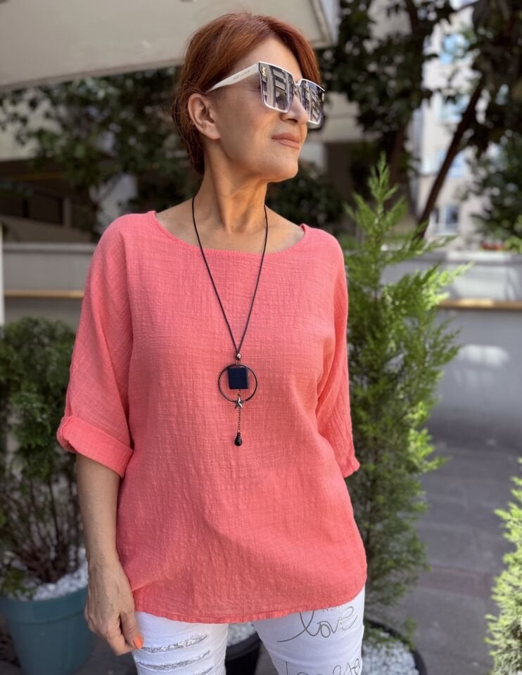 İtalyan Pamuk Keten Bluz Pembe
