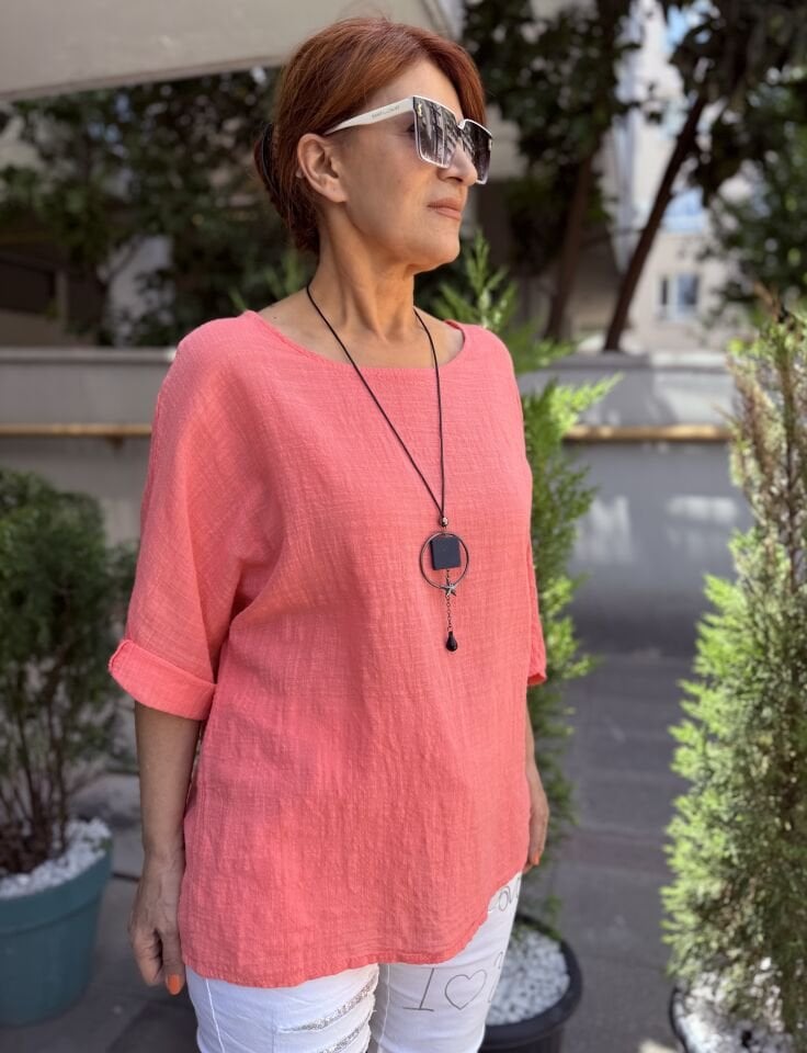 İtalyan Pamuk Keten Bluz Pembe