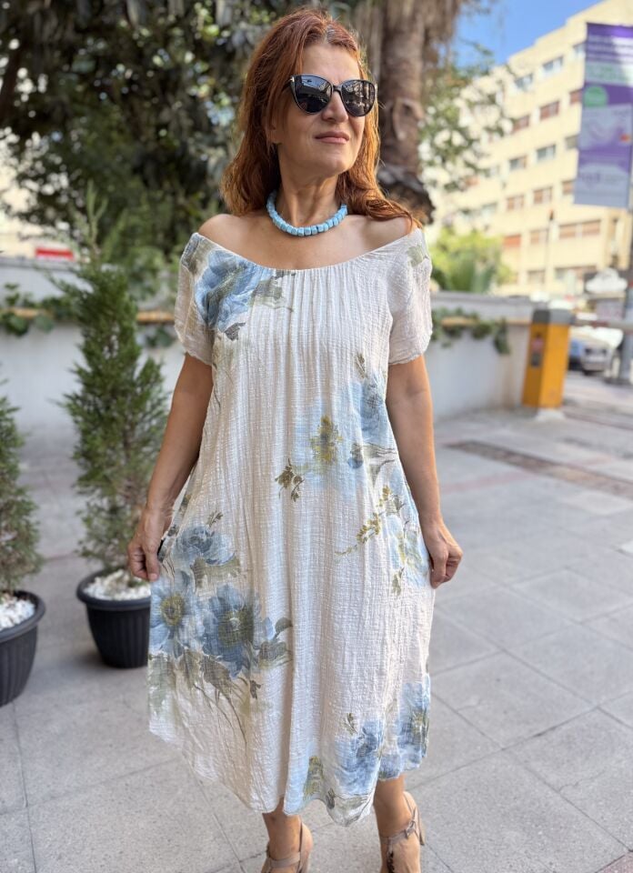 Clara İtalyan Çiçekli Elbise Bej
