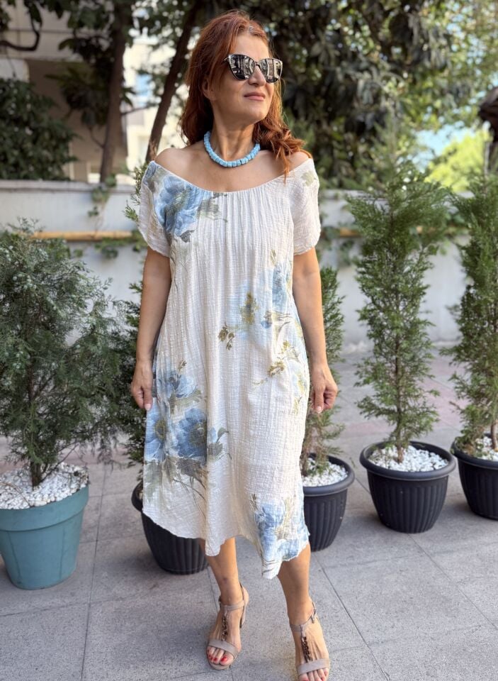 Clara İtalyan Çiçekli Elbise Bej