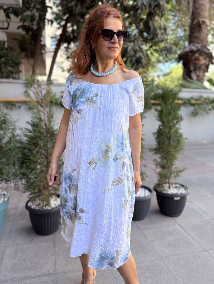 Clara İtalyan Çiçekli Elbise Beyaz