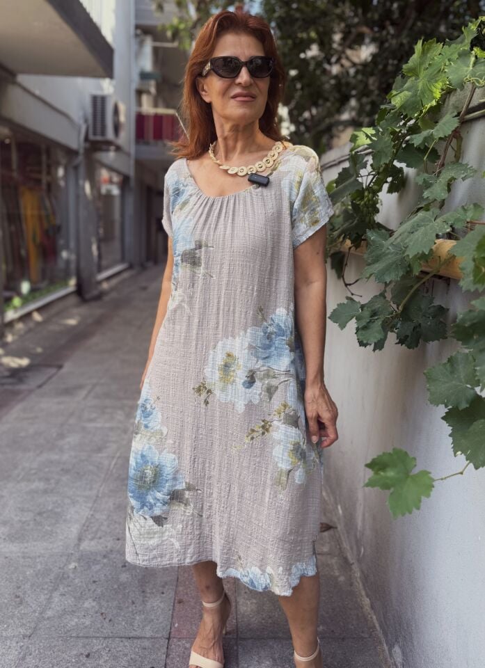 Clara Çiçekli İtalyan Elbise Vizon