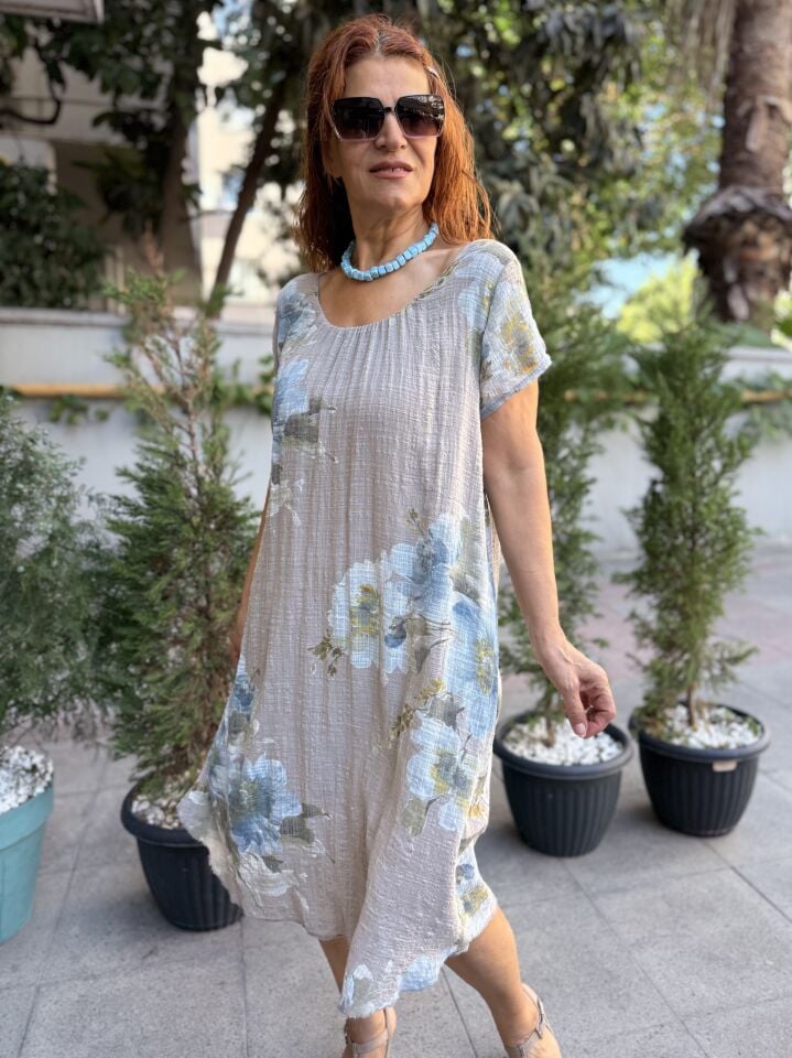 Clara Çiçekli İtalyan Elbise Vizon