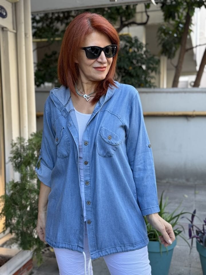 Tencel Kapüşonlu Kot Gömlek
