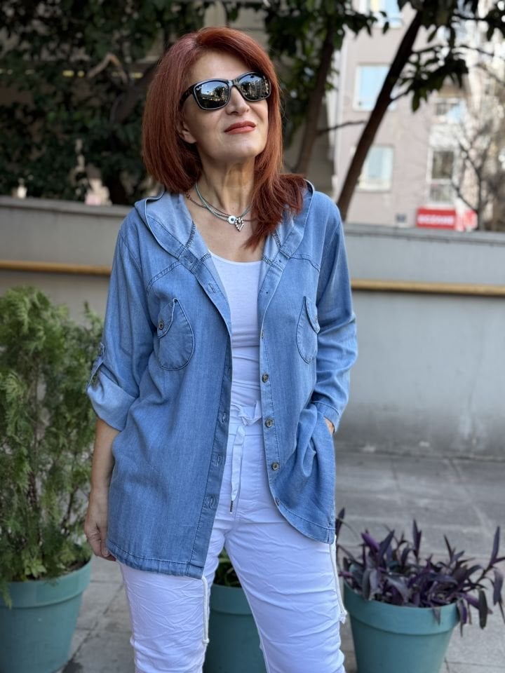 Tencel Kapüşonlu Kot Gömlek