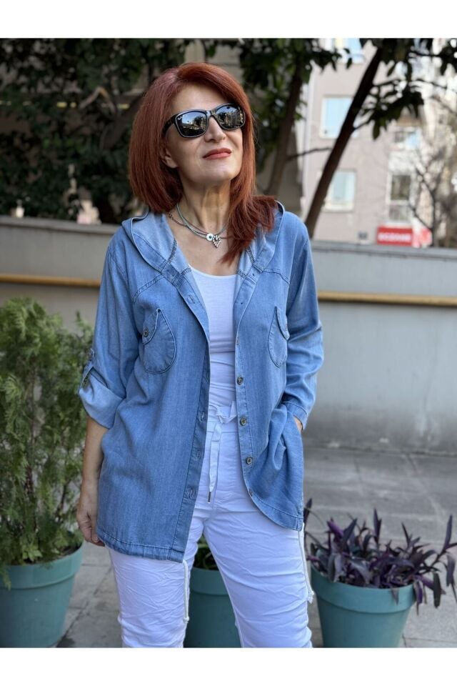 Dökümlü Kapüşonlu Kot Gömlek Orta Mavi