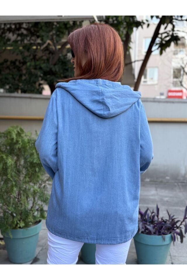 Dökümlü Kapüşonlu Kot Gömlek Orta Mavi