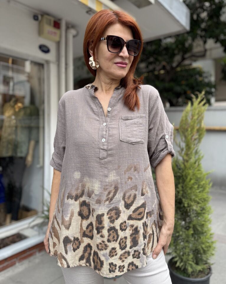 İtalyan Leopar Gömlek Vizon