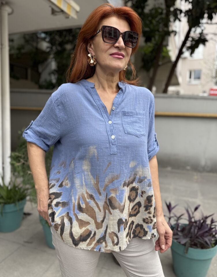 İtalyan Leopar Gömlek İndigo Mavi