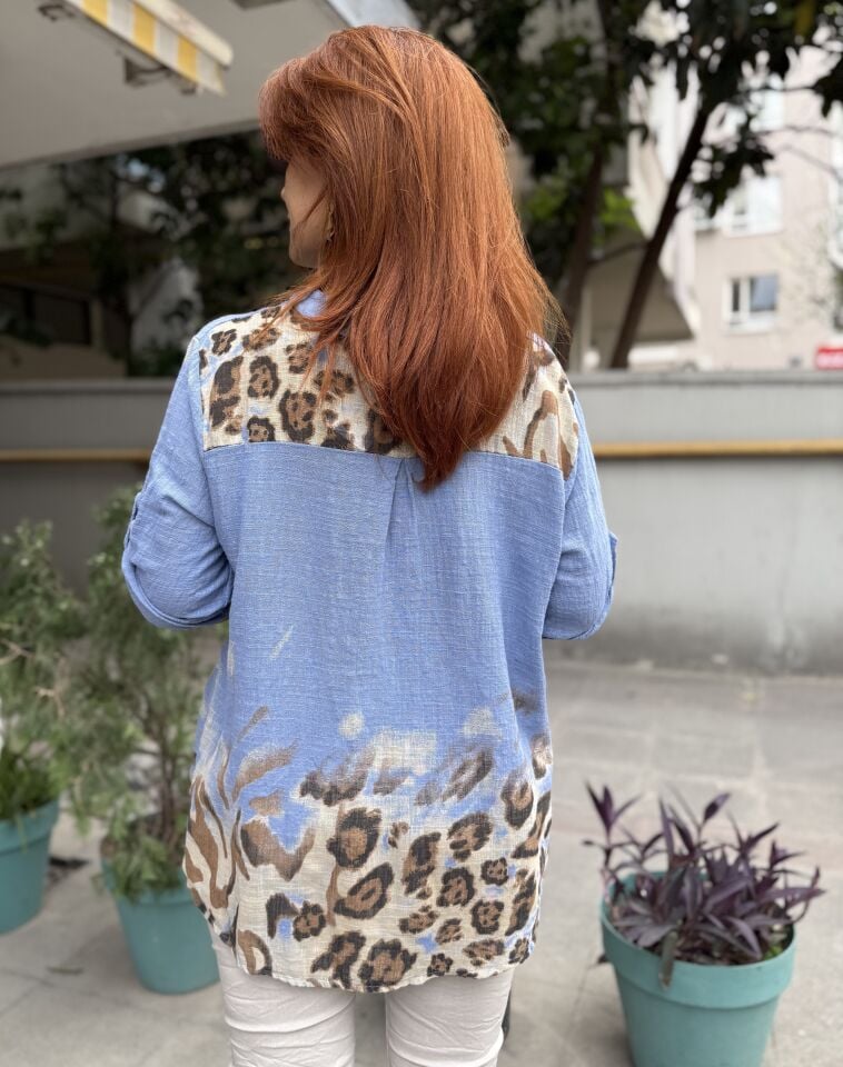 İtalyan Leopar Gömlek İndigo Mavi