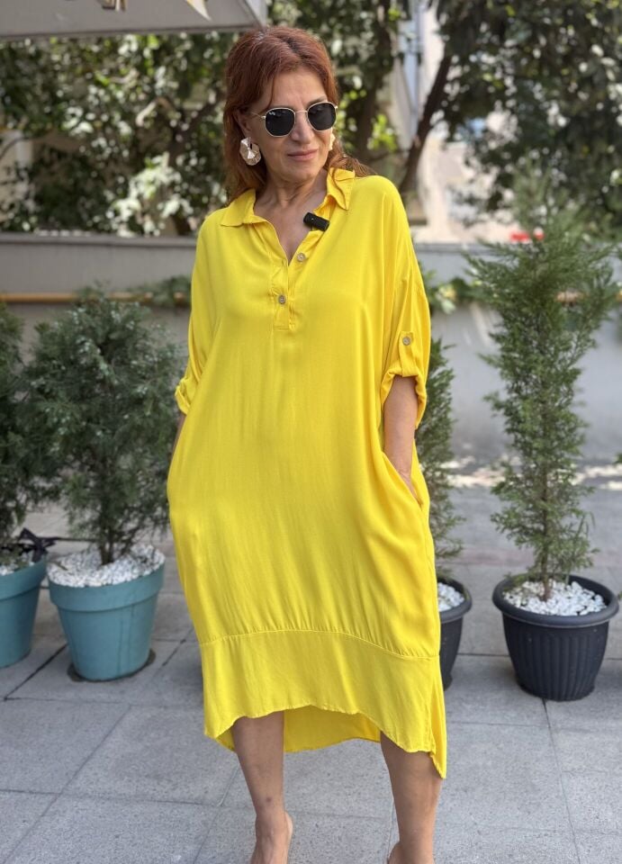 Viskon Sırt Halka Detay Elbise Sarı