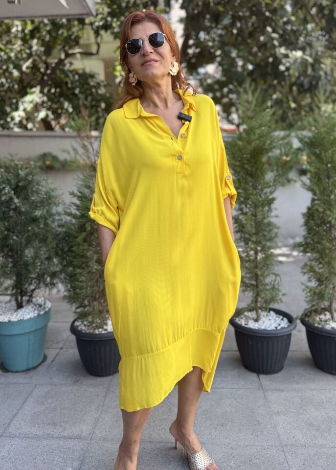 Viskon Sırt Halka Detay Elbise Sarı