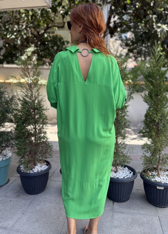 Viskon Sırt Halka Detaylı Elbise Yeşil