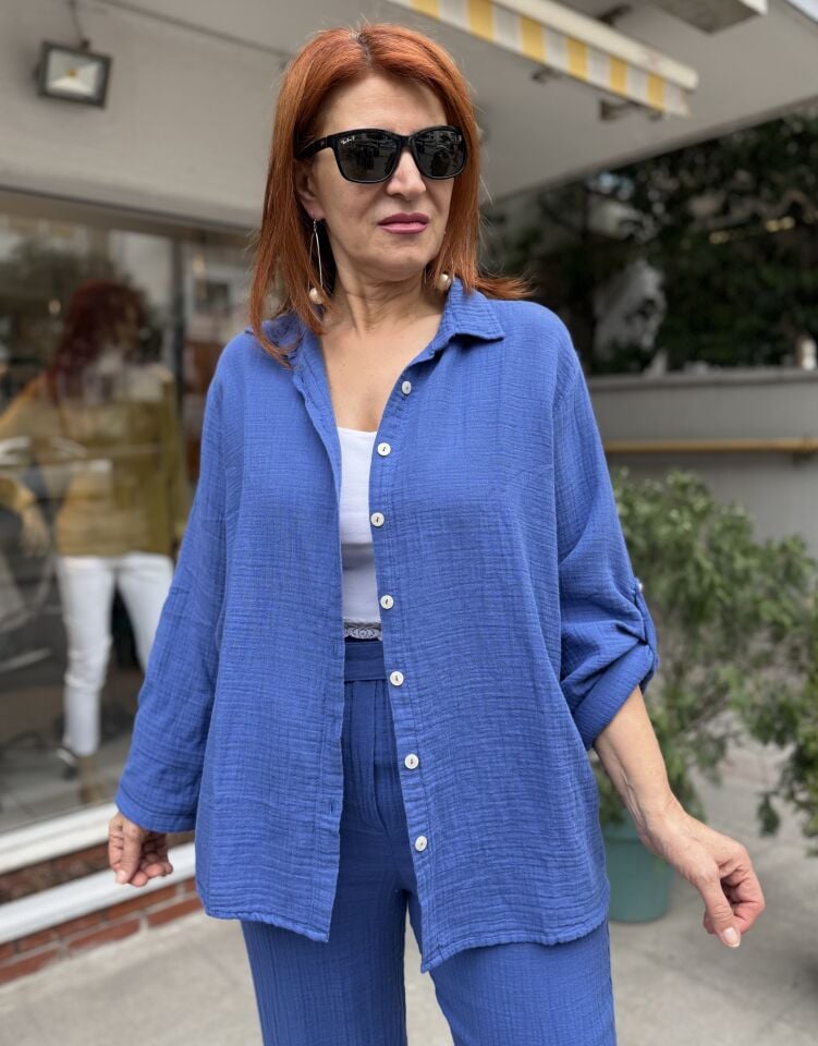 Müslin Yakalı Gömlek İndigo Mavi