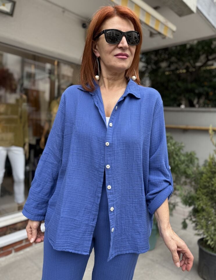 Müslin Yakalı Gömlek İndigo Mavi