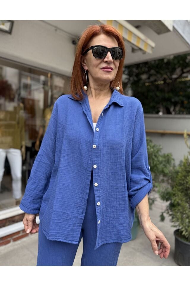 Müslin Yakalı Gömlek İndigo Mavi