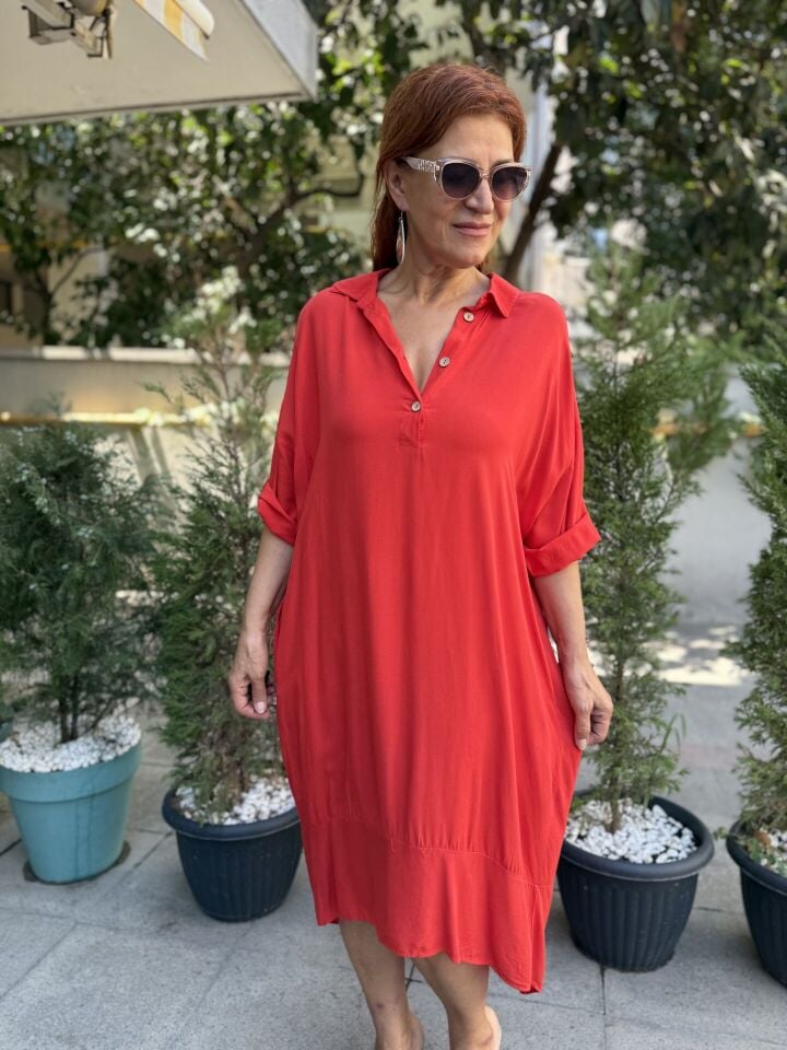 Viskon Sırt Halka Detay Elbise Nar Çiçeği