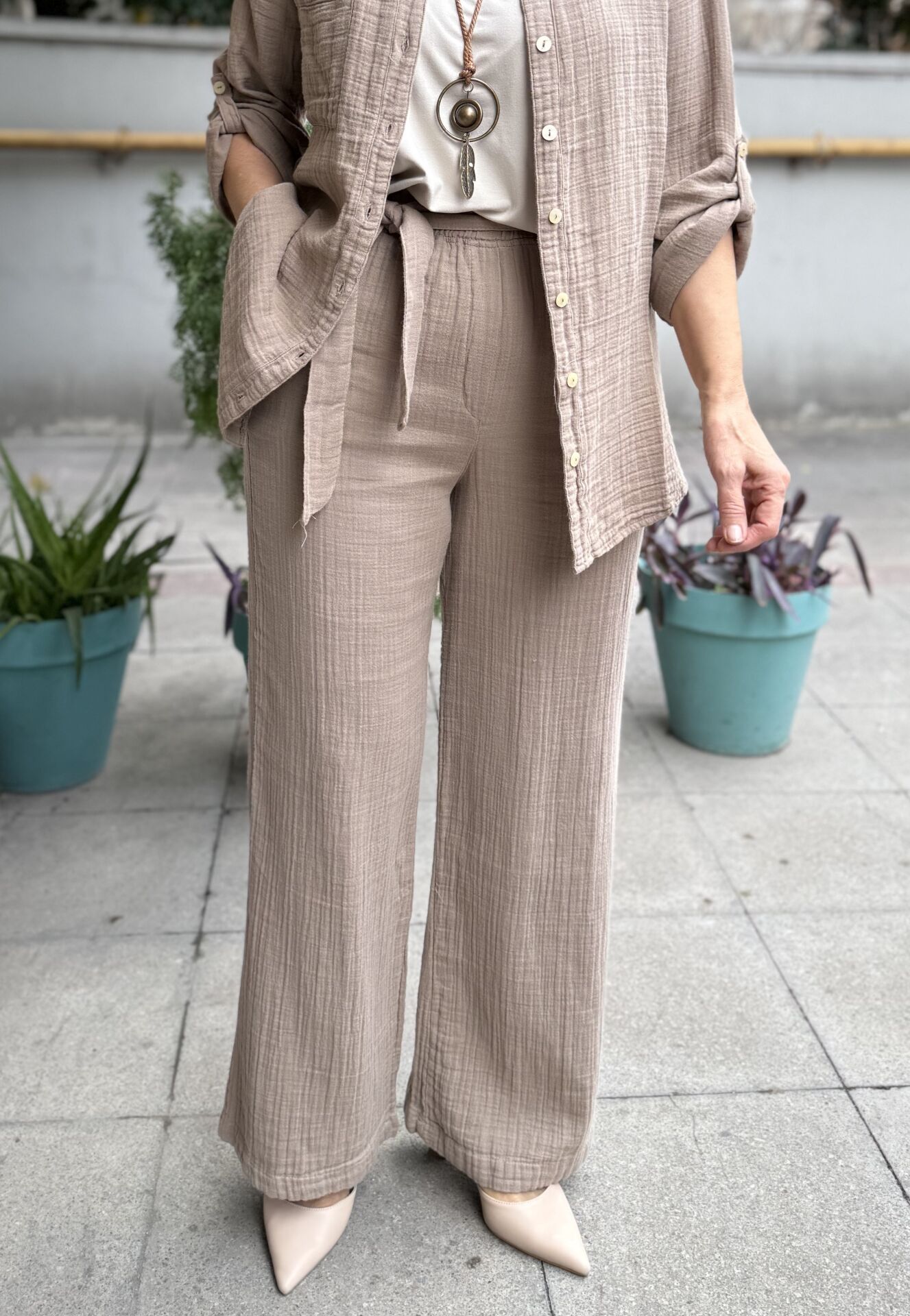 Kuşaklı Müslin Pantolon Vizon