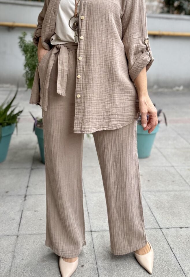 Kuşaklı Müslin Pantolon Vizon