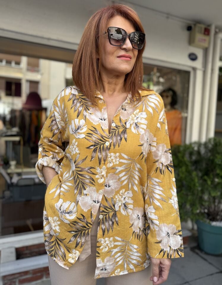 Çiçekli Pamuk Gömlek Sarı