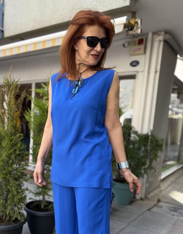 Viskon Kolsuz Bluz Saks Mavi