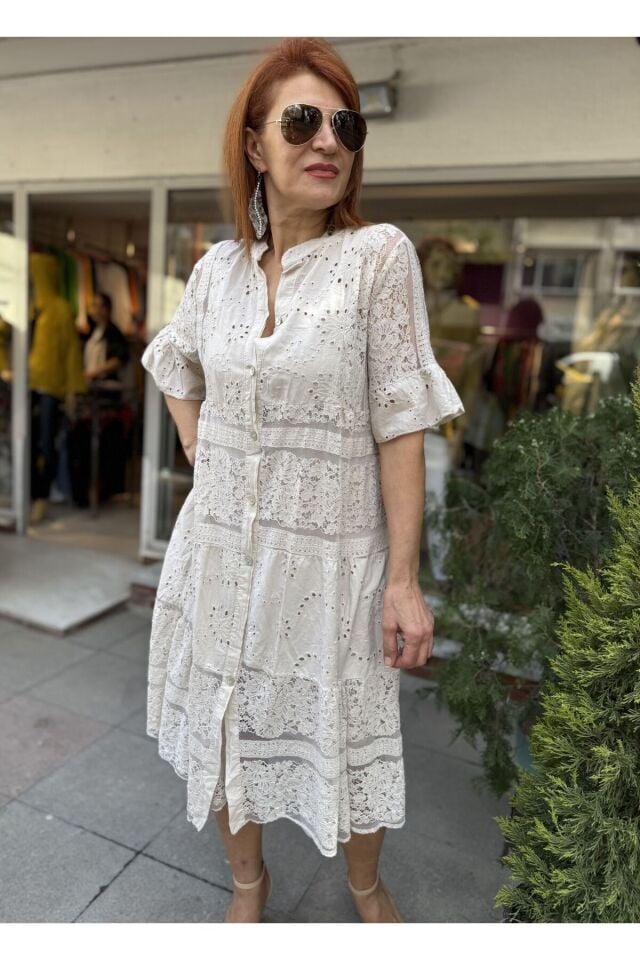 İtalyan Dantelli Güpür Midi Elbise Bej