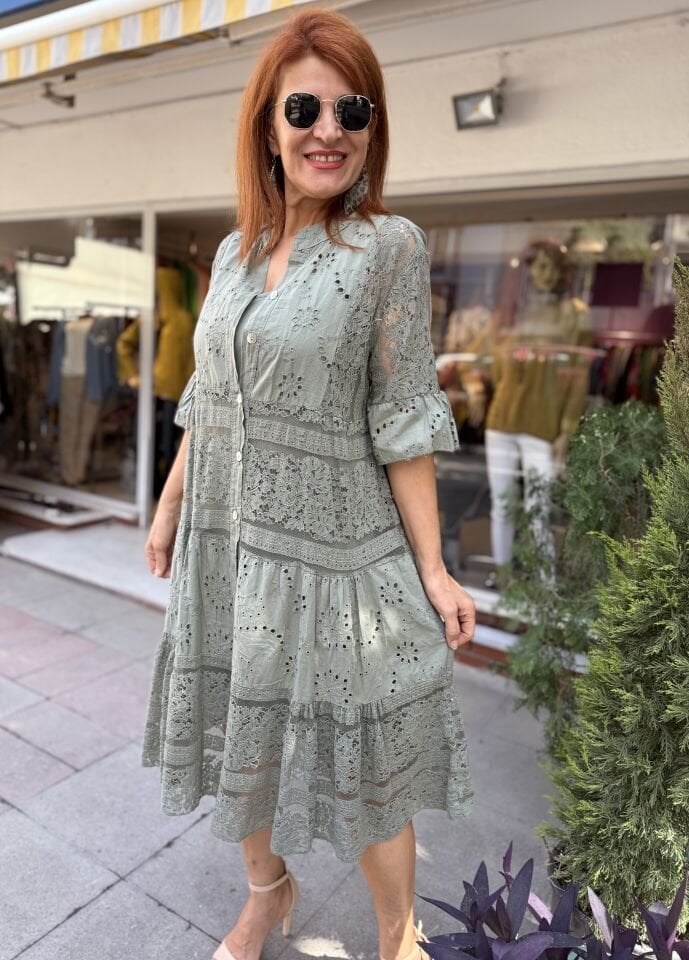 İtalyan Dantelli Güpür Midi Elbise Haki