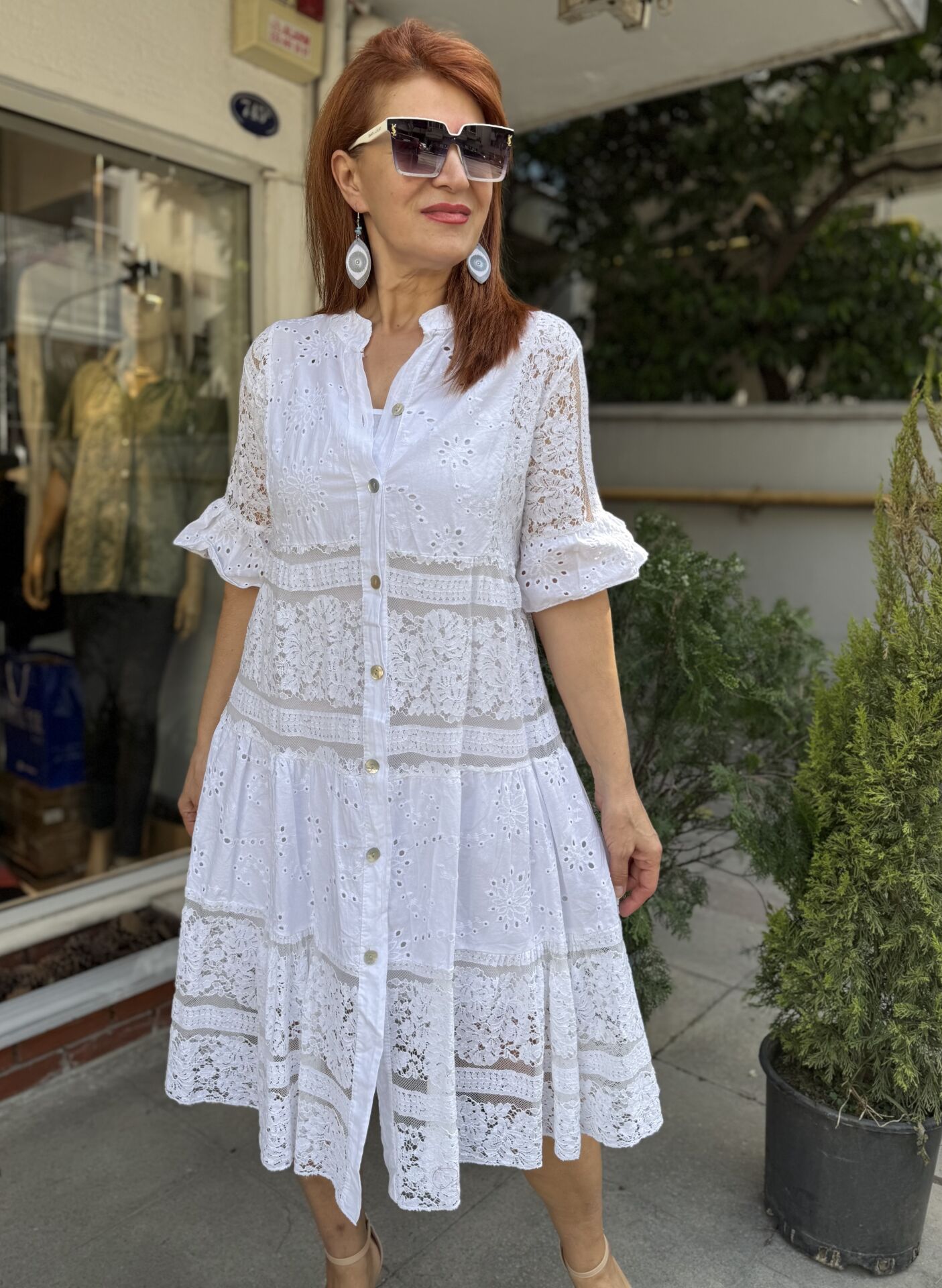 İtalyan Dantelli Güpür Midi Elbise Beyaz
