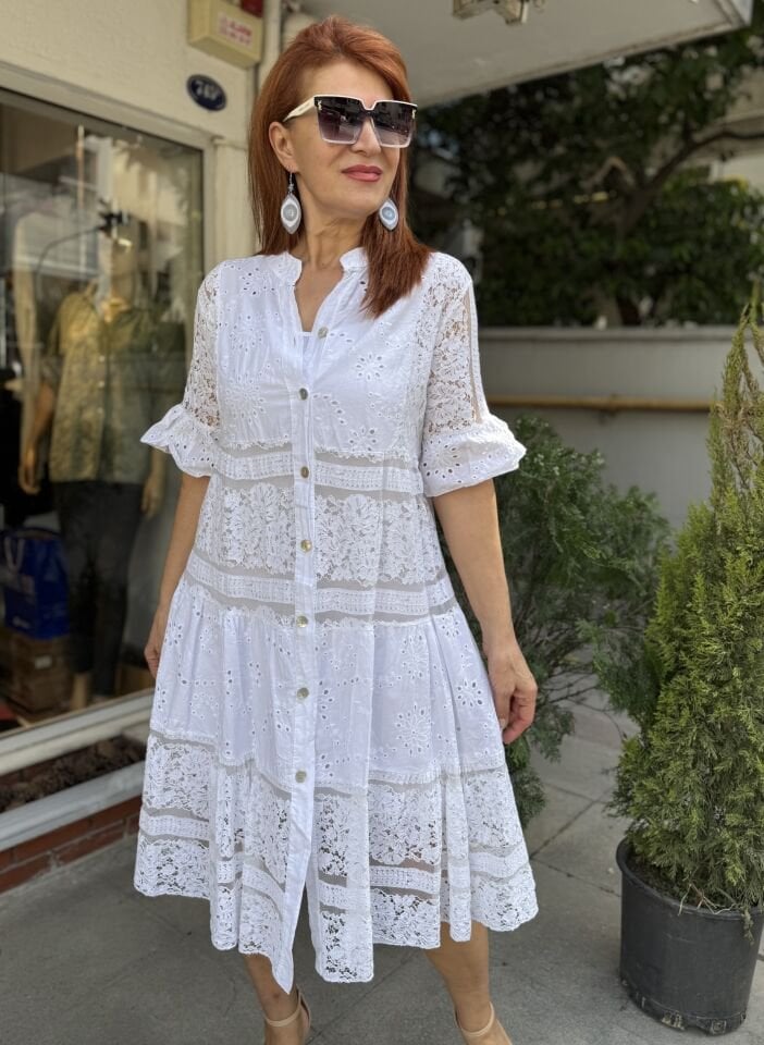 İtalyan Dantelli Güpür Midi Elbise Beyaz
