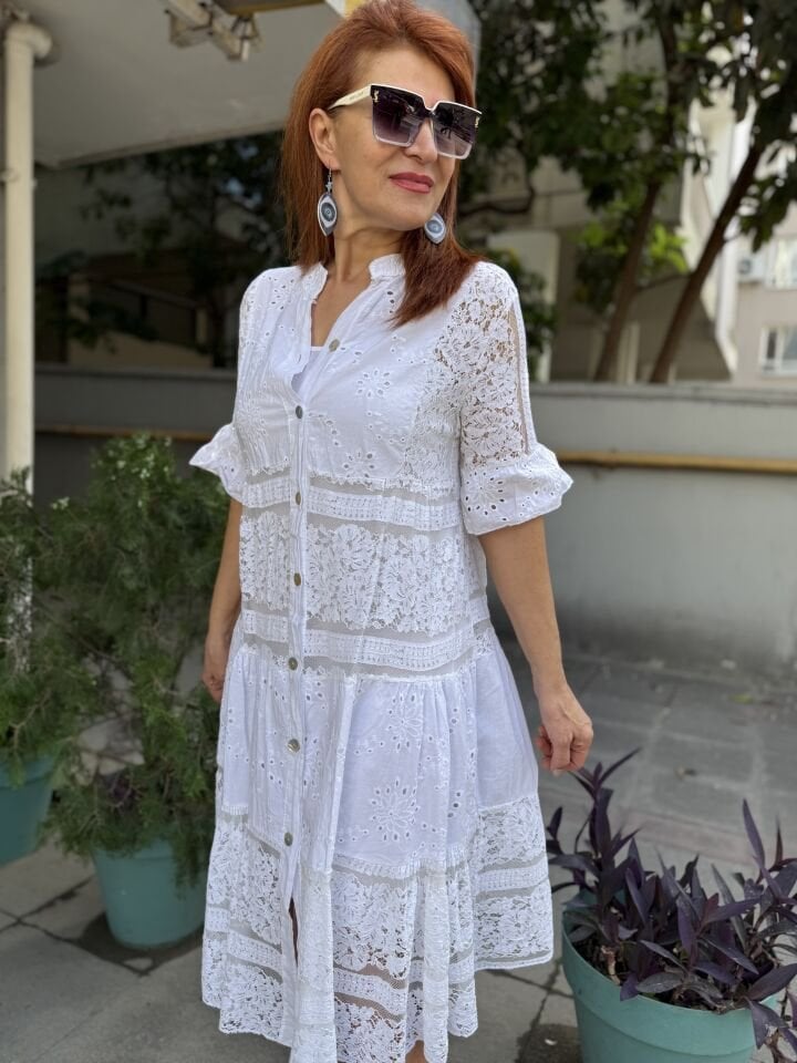 İtalyan Dantelli Güpür Midi Elbise Beyaz
