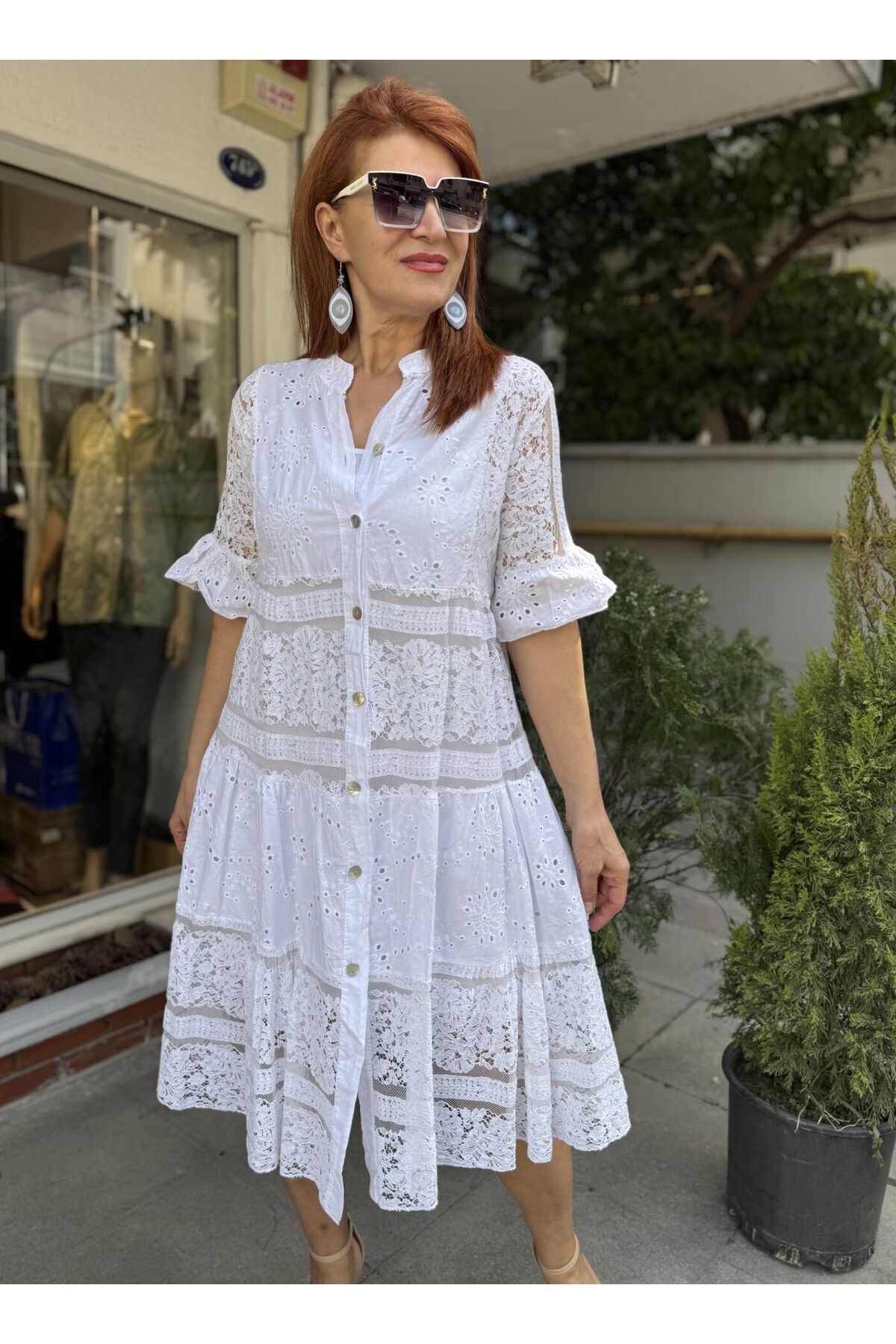 İtalyan Dantelli Güpür Midi Elbise Beyaz