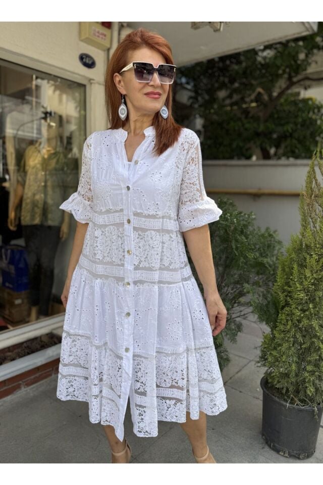 İtalyan Dantelli Güpür Midi Elbise Beyaz