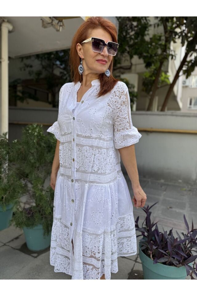İtalyan Dantelli Güpür Midi Elbise Beyaz