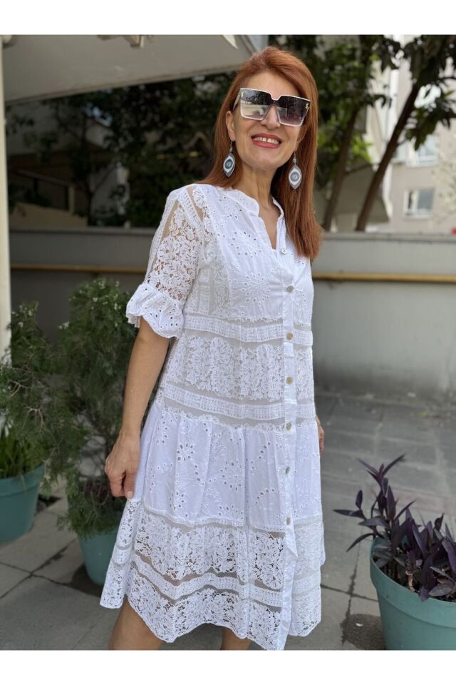 İtalyan Dantelli Güpür Midi Elbise Beyaz
