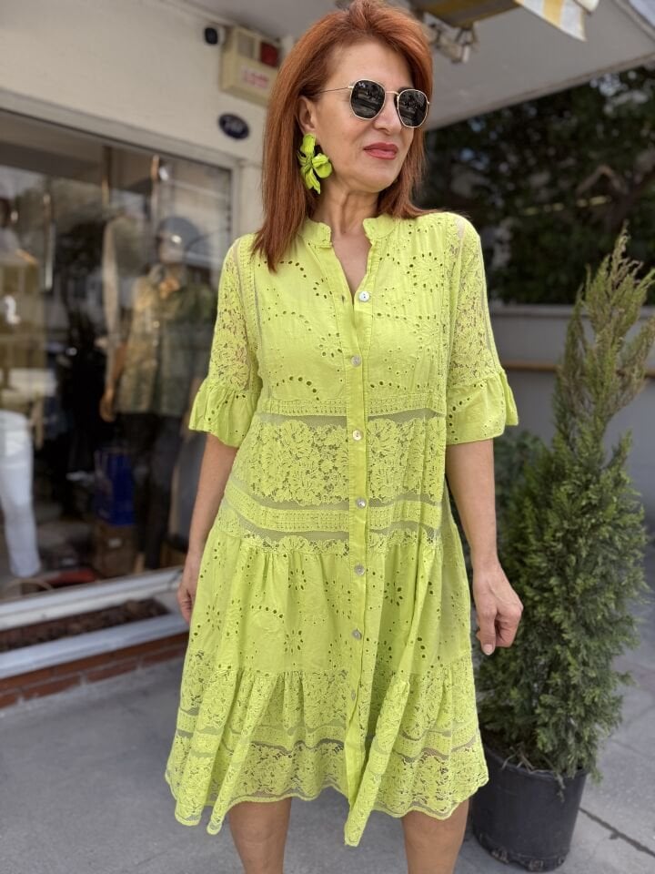 İtalyan Dantelli Güpür Midi Elbise Lime