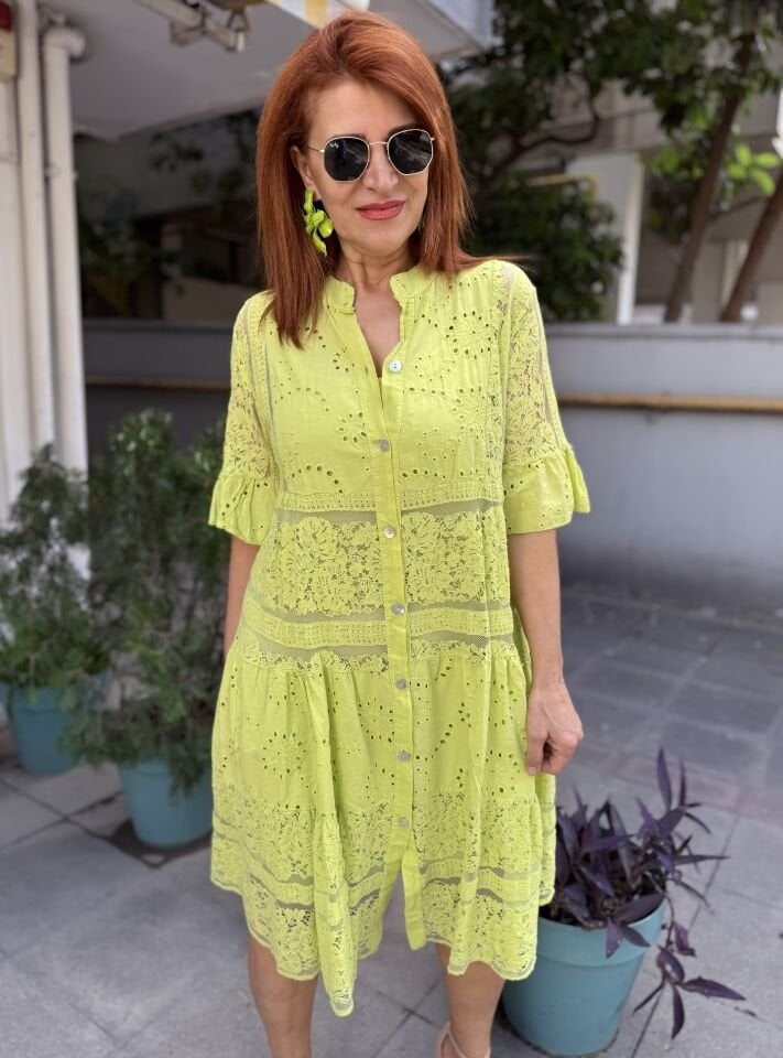 İtalyan Dantelli Güpür Midi Elbise Lime