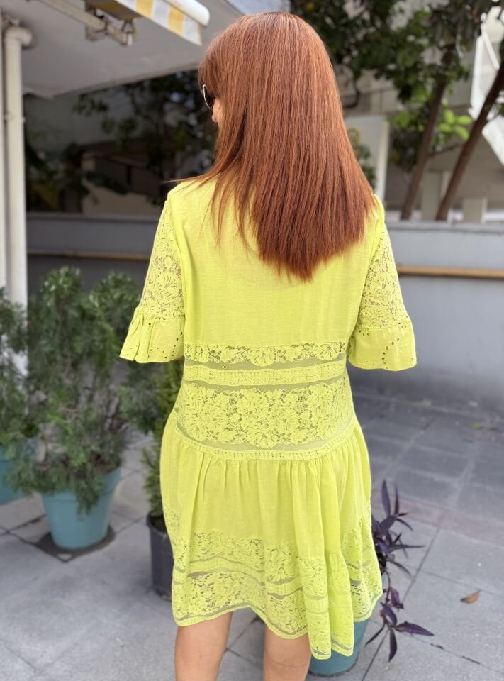 İtalyan Dantelli Güpür Midi Elbise Lime