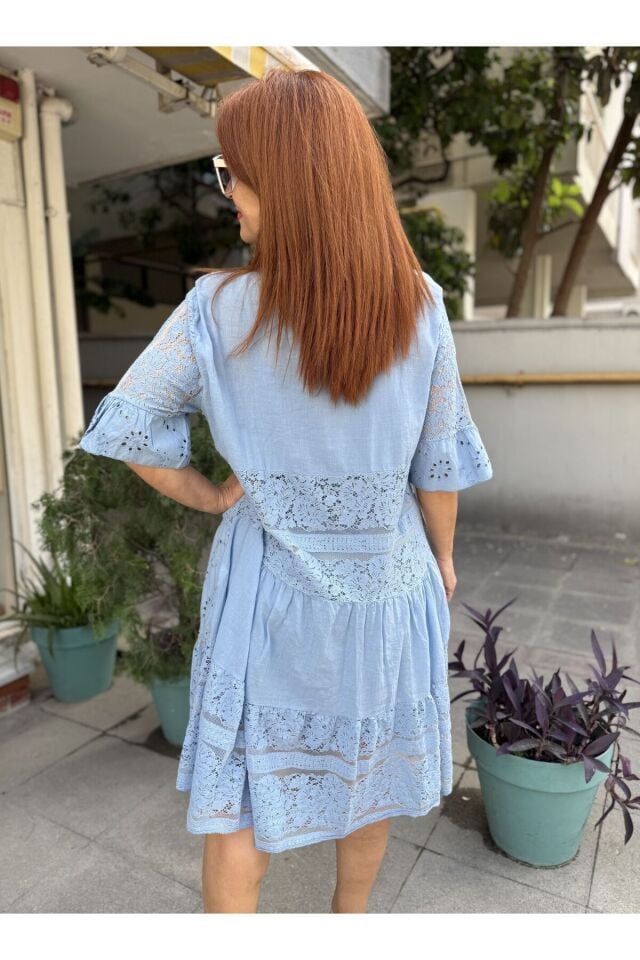 İtalyan Dantelli Güpür Midi Elbise Mavi