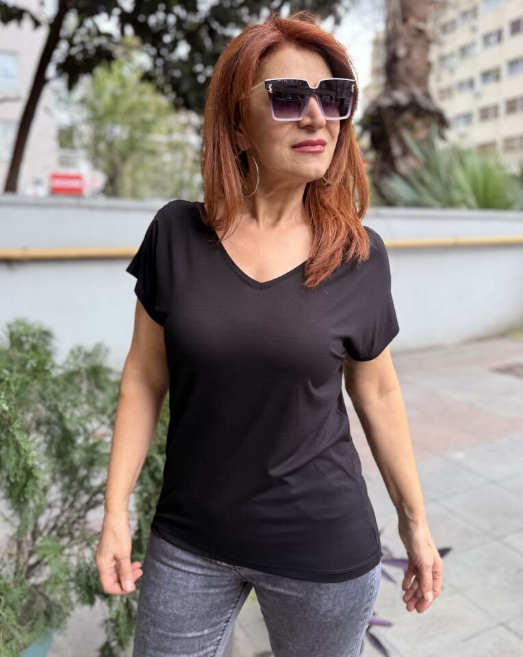 NCD- Viskon Ön Arka V Tişört Siyah