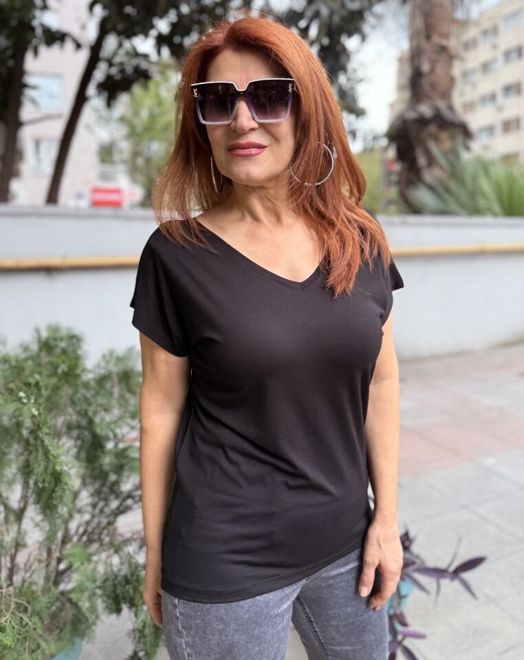 NCD- Viskon Ön Arka V Tişört Siyah