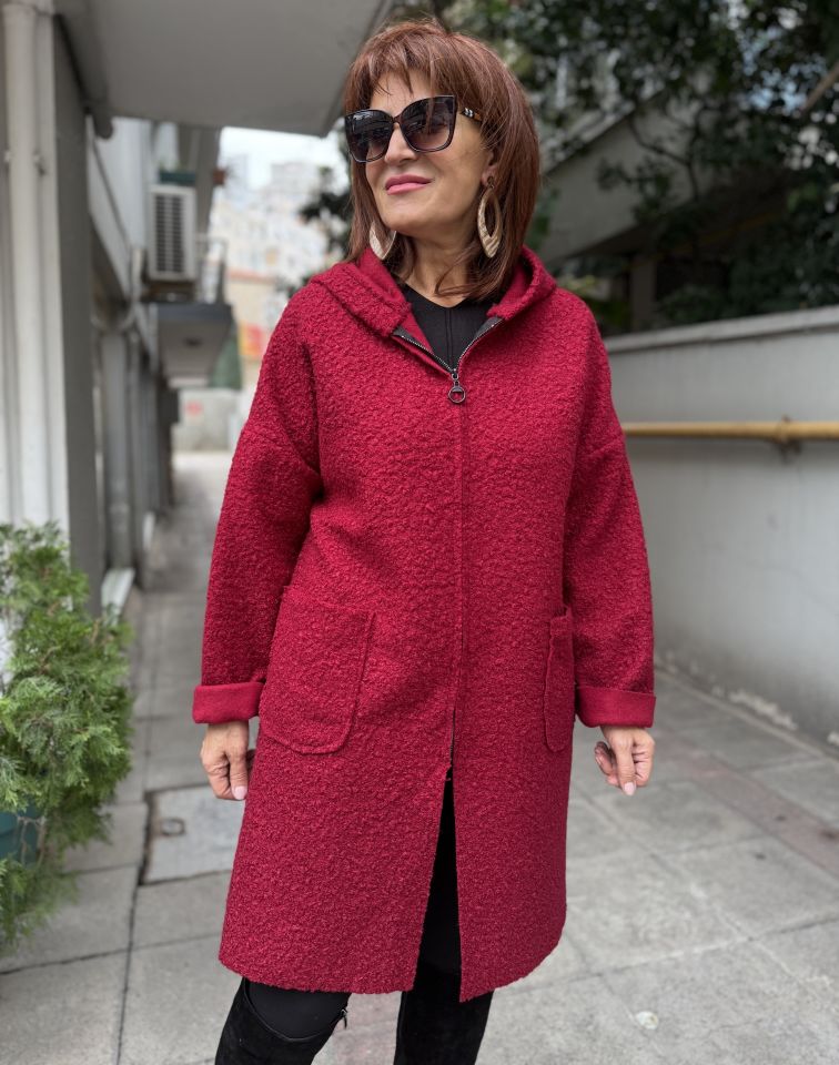 İtalyan Buklet Keçe Uzun Kaban Bordo