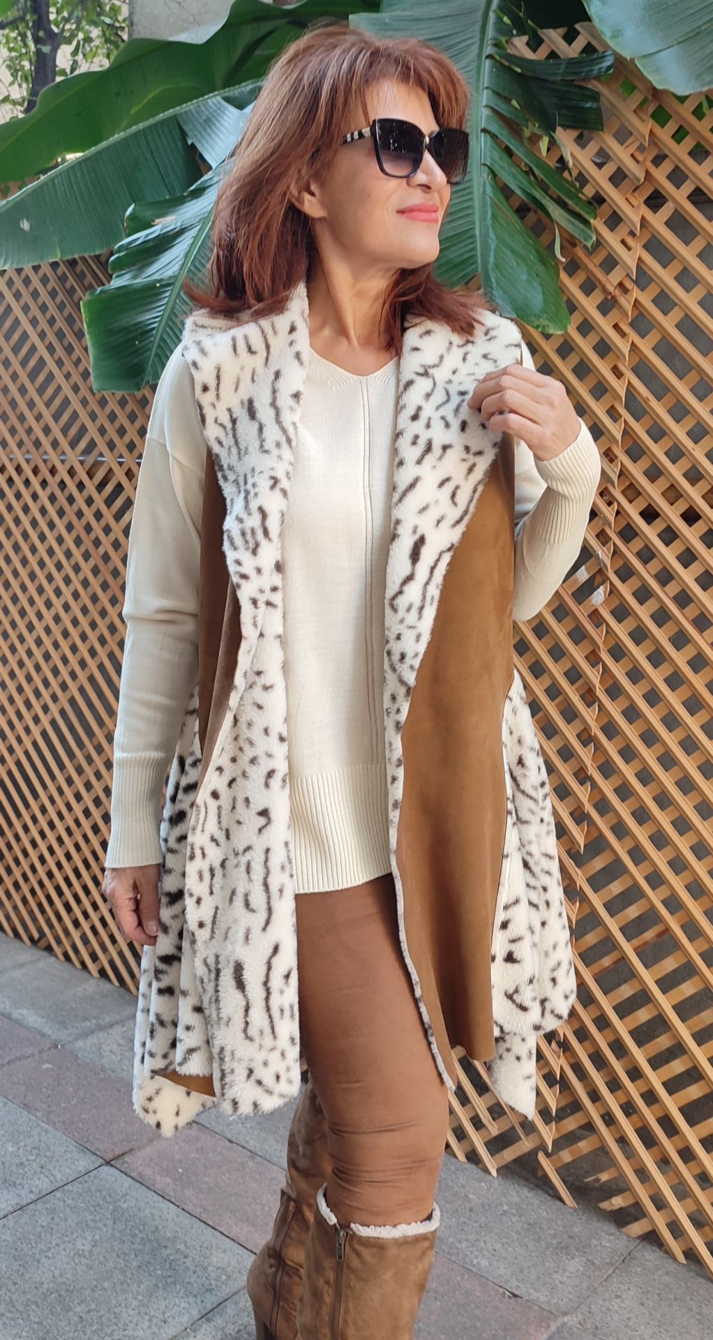 İtalyan Nubuk Leopar Yelek Taba