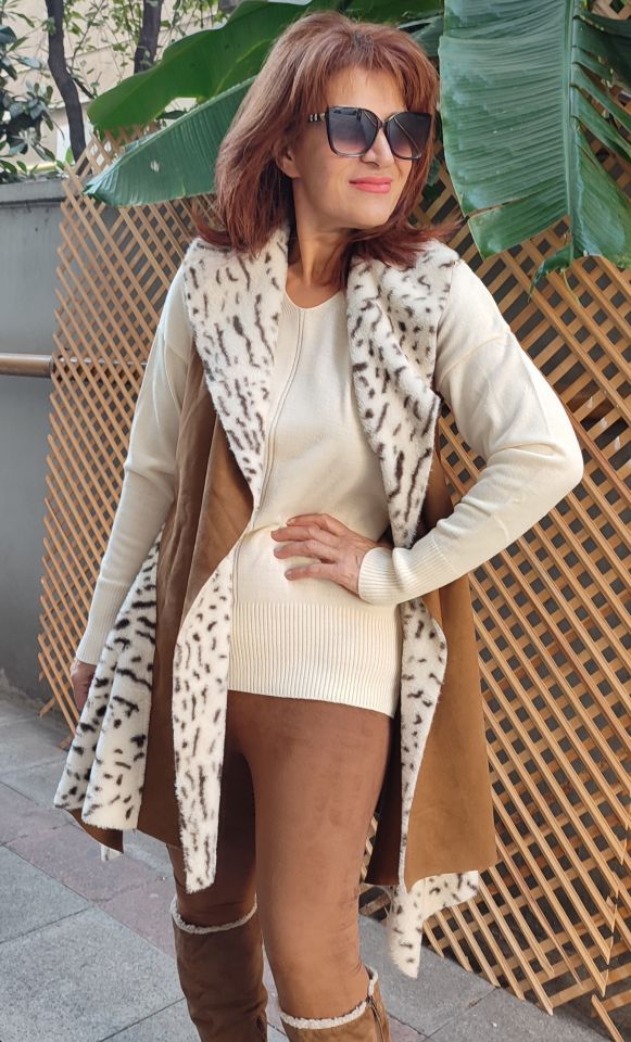 İtalyan Nubuk Leopar Yelek Taba