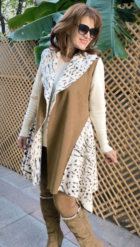İtalyan Nubuk Leopar Yelek Taba
