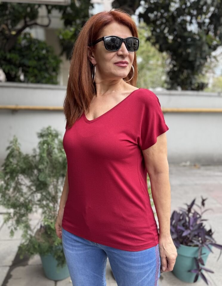 Viskon Ön Arka V Tişört Bordo