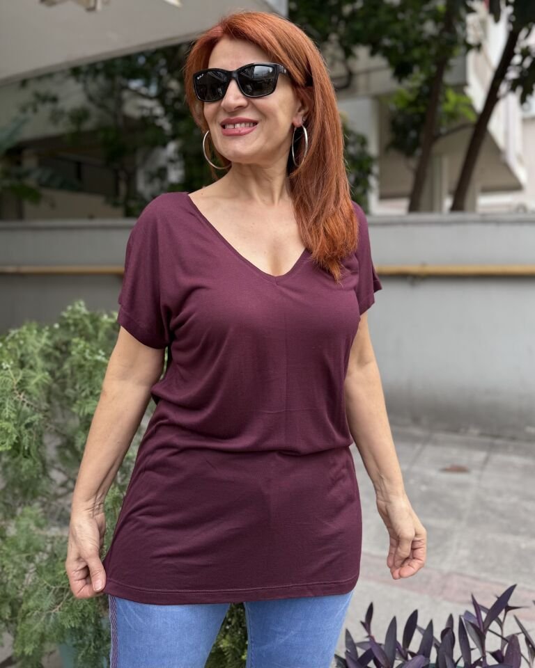 NCD- Viskon Ön Arka V Tişört Koyu Bordo