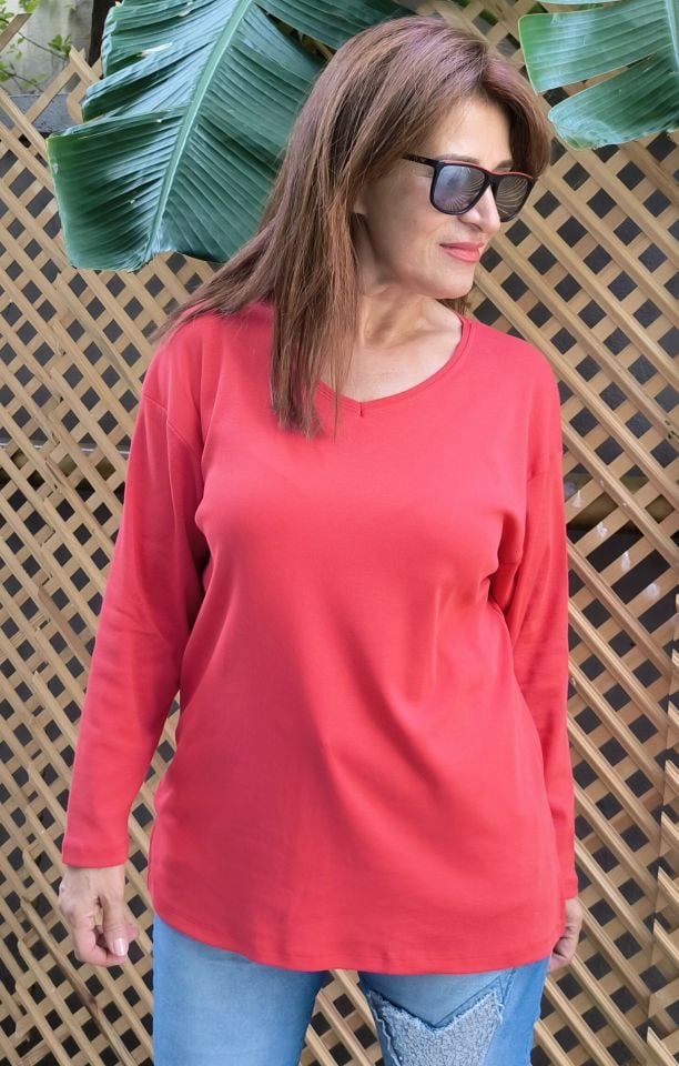 Organik Pamuk Basic Bluz Kırmızı