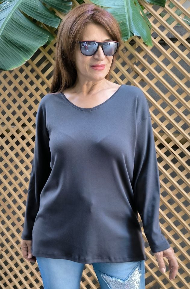 Organik Pamuk Basic Bluz Antrasit