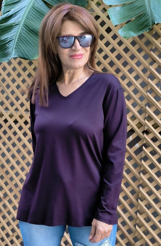 Viskon Yırtmaçlı Basic Bluz Mor