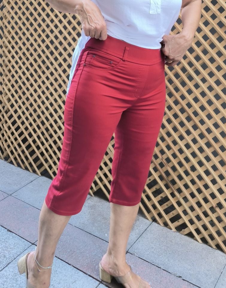 Likralı Kumaş Kapri Çizgili Kırmızı